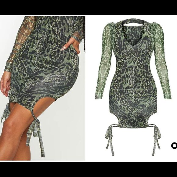 Prettylittlething Green Animal Print Mesh Ruched Curved Hem Bodycon MINI Dress - Picture 3 of 10